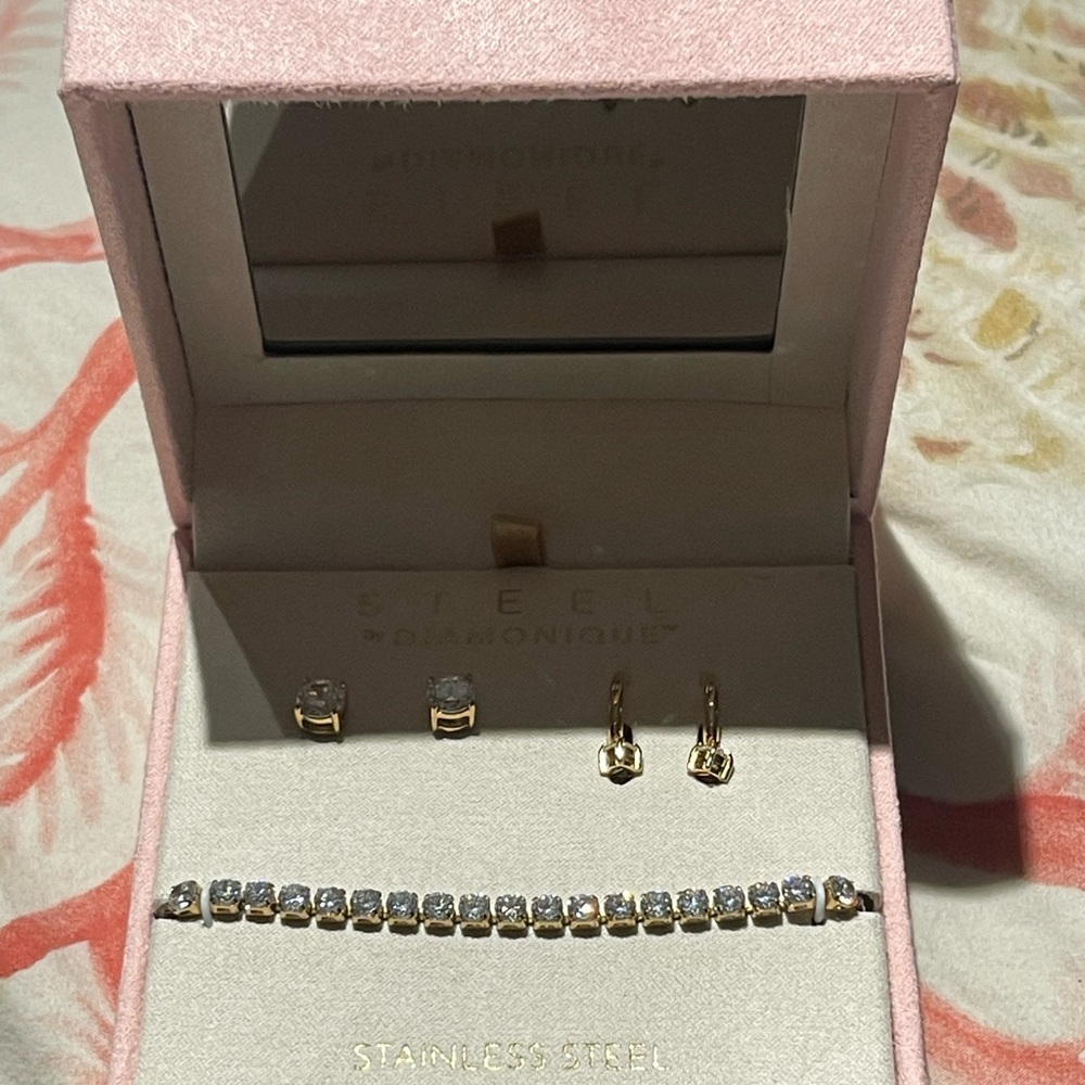 Diamonique 18k Gold Plated Tennis Bracelet and Earrings Set
